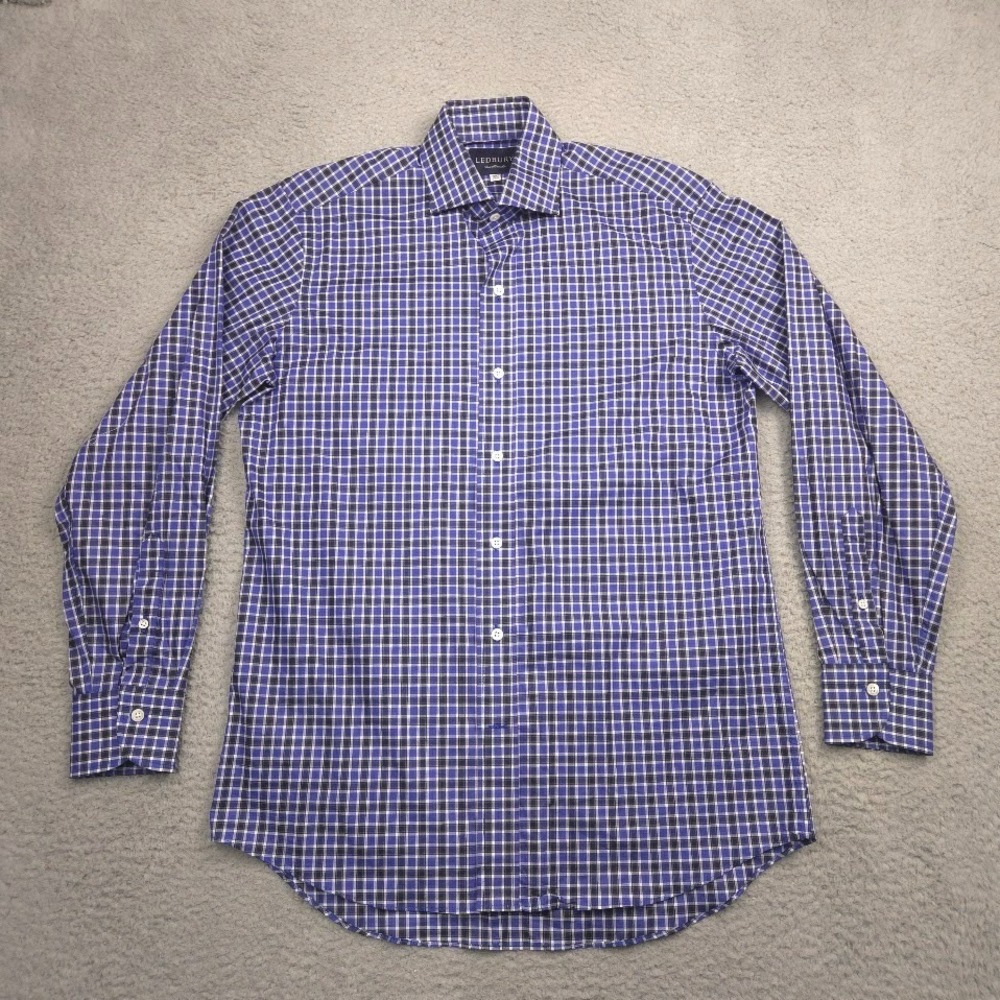 Ledbury Mens 15.5 35 Blue Plaid Button Up Shirt Preppy Office Cotton Regular